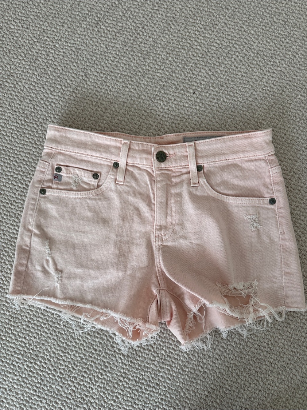 AG Adriano Goldschmied Pale Pink Distressed Denim Shorts